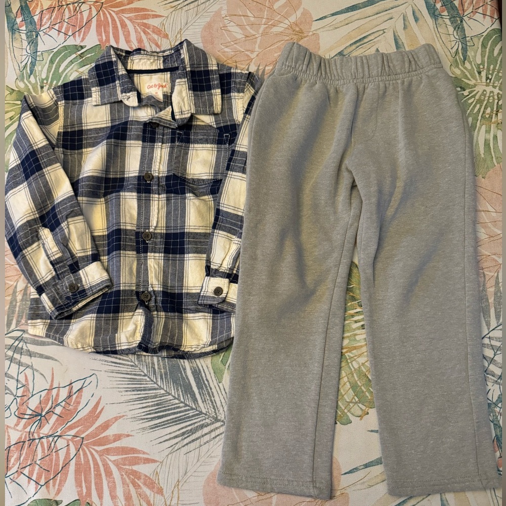 Cat & Jack blue and white flannel button up shirt & jogger pants